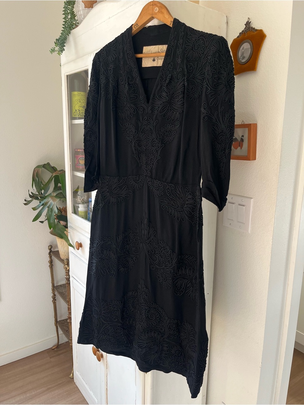 Antique Vintage Art Deco Eisenberg & Sons Black Rayon Embroidered Soutache Dress